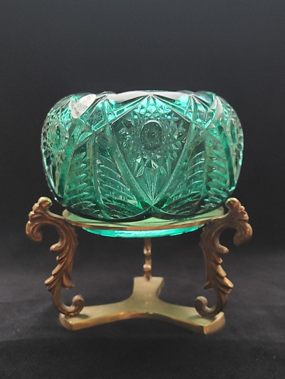 Fenton Vintage Spruce Green Hobstar Rose Bowl With Brass Stand